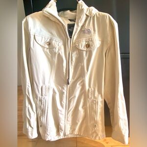 The North Face TNF Women’s Rain Jacket Trench Coat Hooded HyVent Medium Cream.